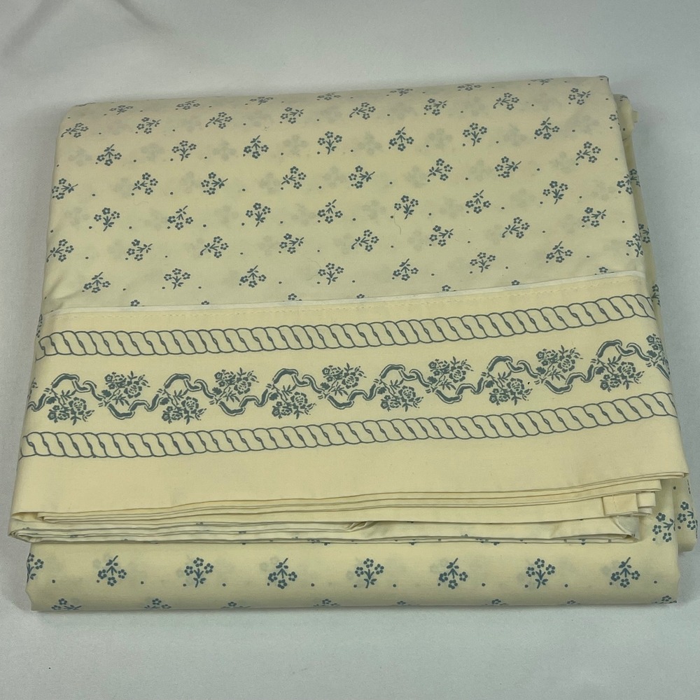 Vintage Laura Ashley Queen Flat Sheet Cream Blue USA Made